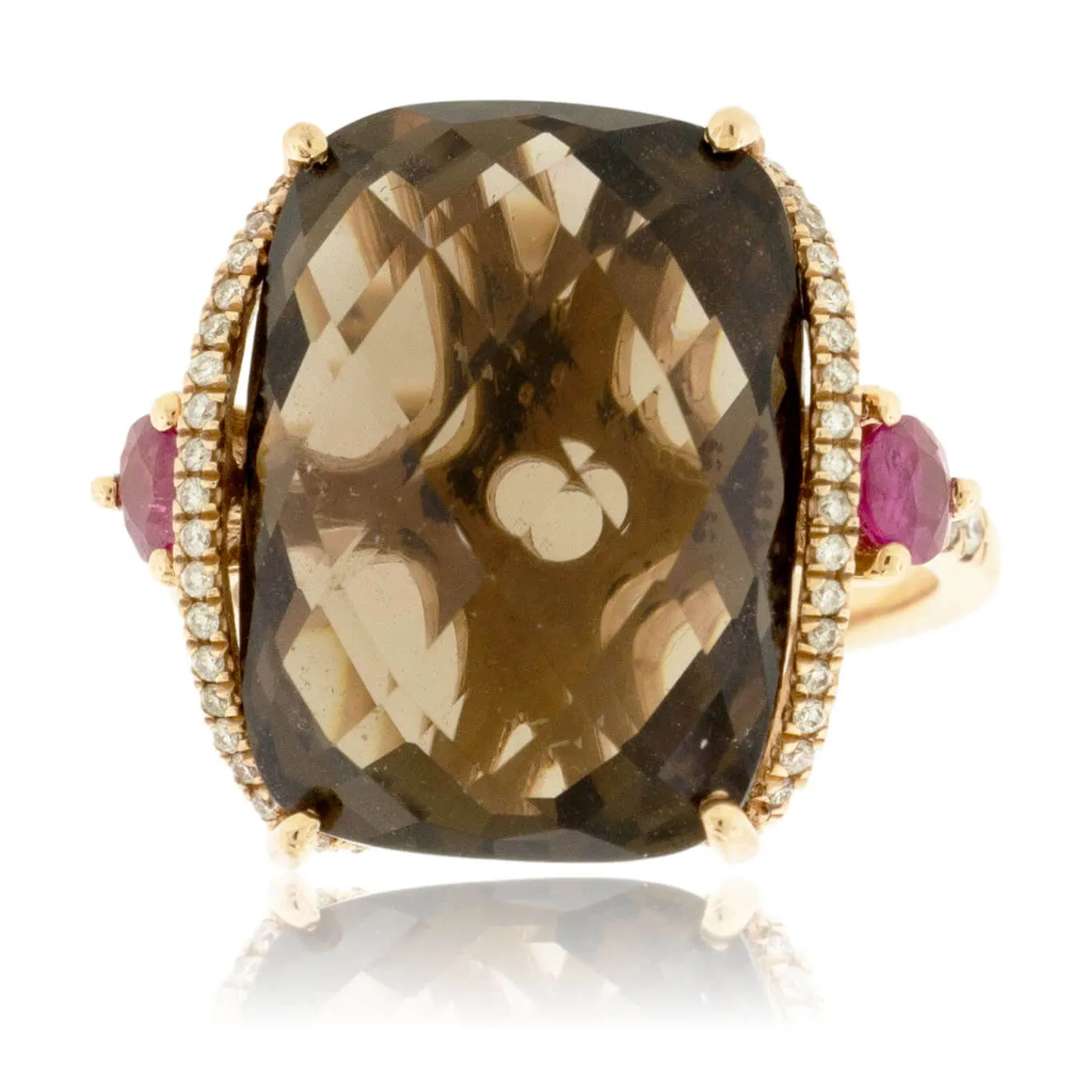 Smoky Topaz Checkerboard Stone with Diamonds & Ruby Accents Ring