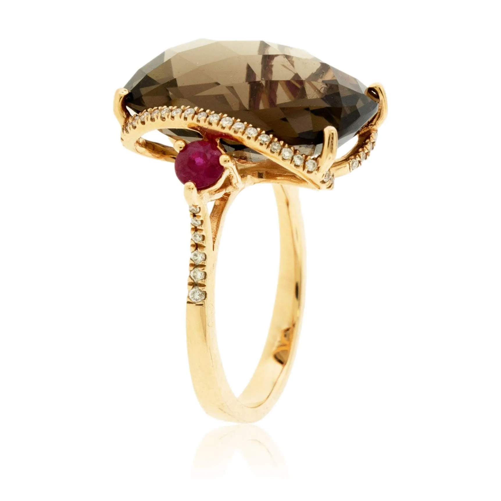 Smoky Topaz Checkerboard Stone with Diamonds & Ruby Accents Ring