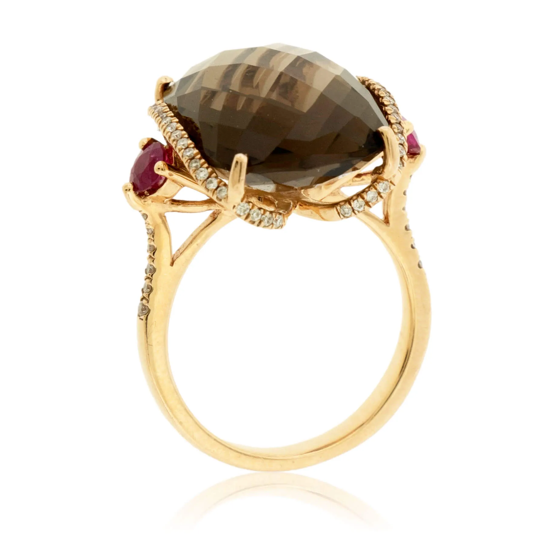 Smoky Topaz Checkerboard Stone with Diamonds & Ruby Accents Ring