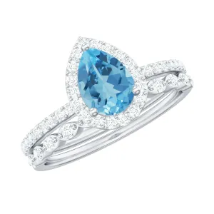 Teardrop Swiss Blue Topaz Bridal Ring Set with Diamond