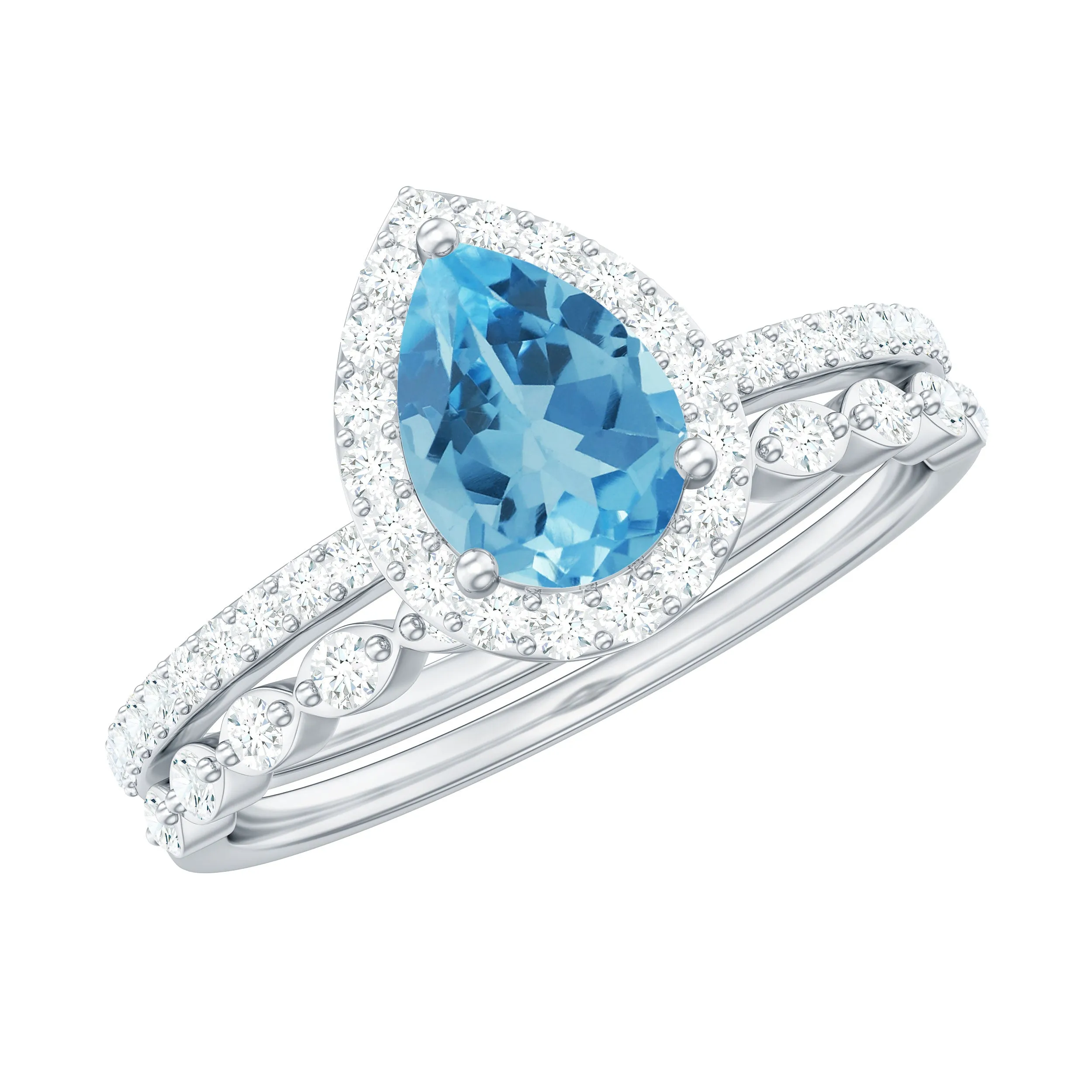 Teardrop Swiss Blue Topaz Bridal Ring Set with Diamond