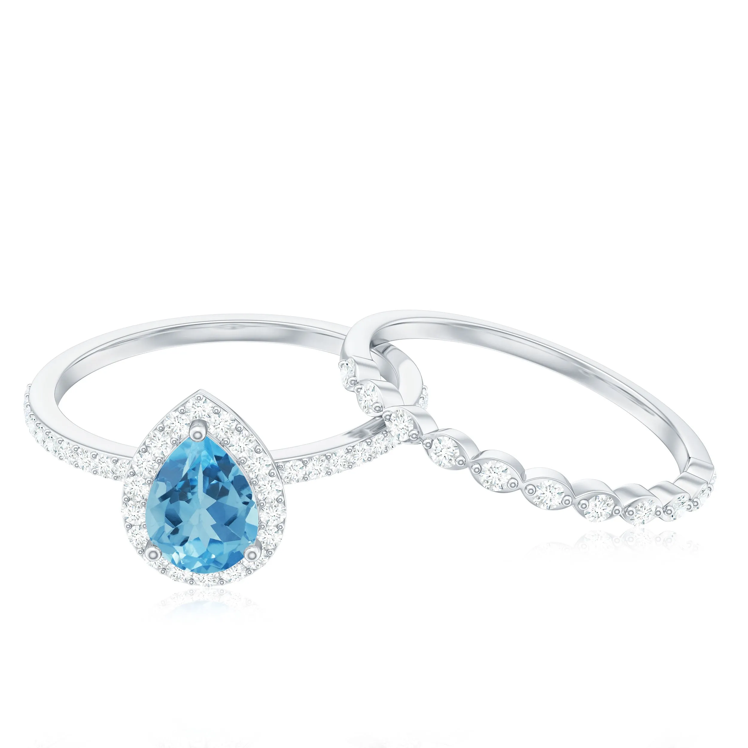 Teardrop Swiss Blue Topaz Bridal Ring Set with Diamond