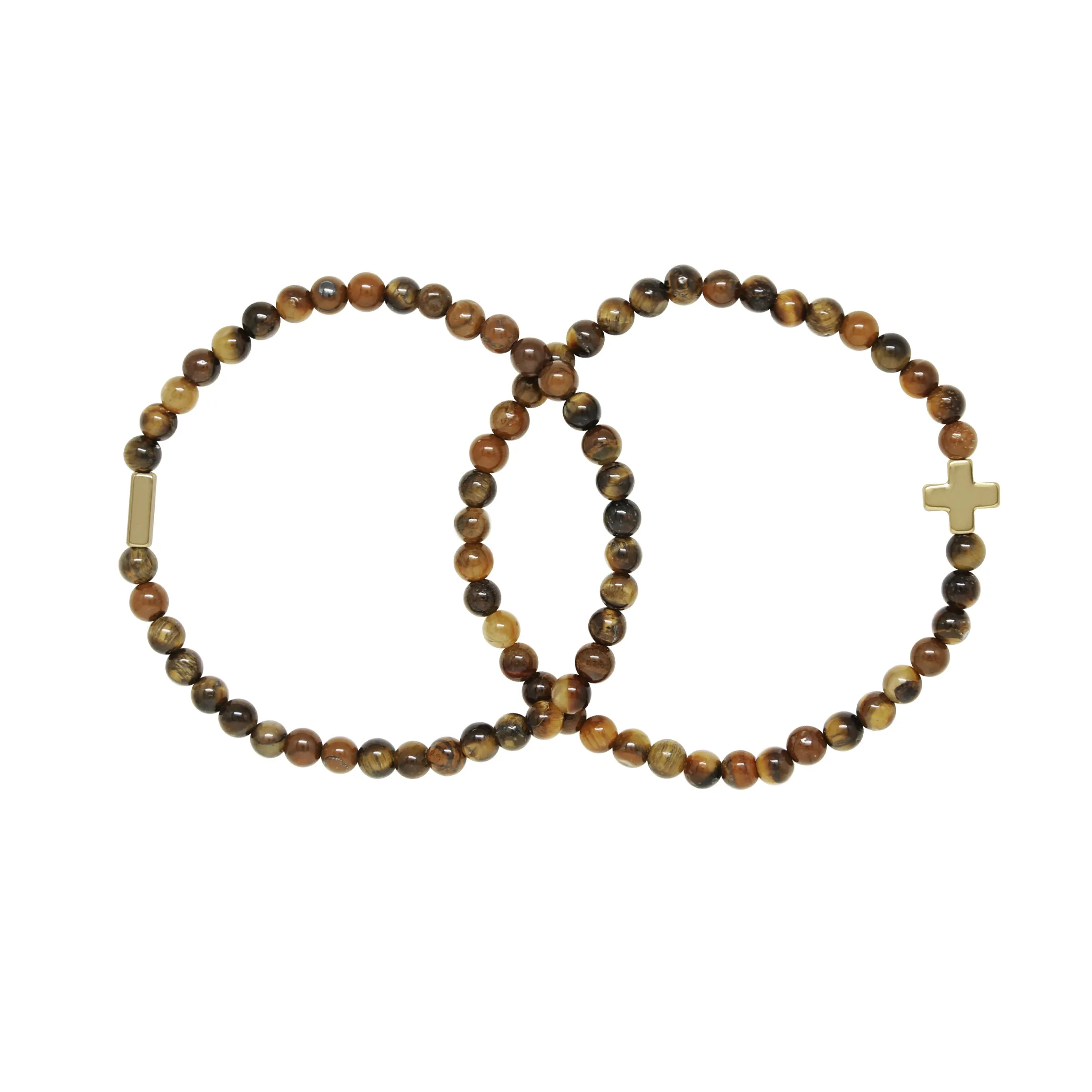 Tiger's Eye & Gold Elastic Bracelet Set of 2