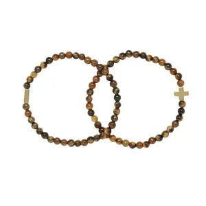 Tiger's Eye & Gold Elastic Bracelet Set of 2