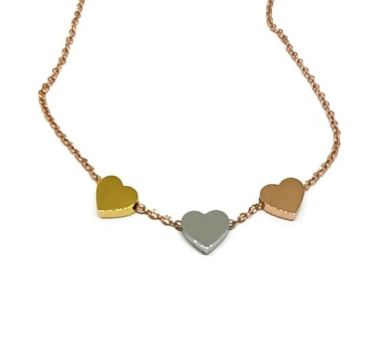 Triple Heart Necklace in Rose Gold Silver and Gold