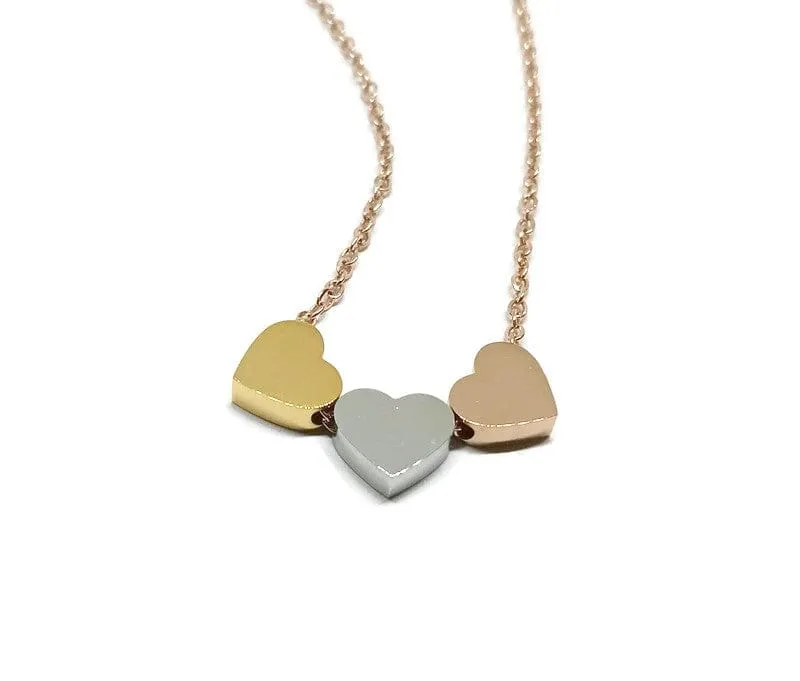 Triple Heart Necklace in Rose Gold Silver and Gold