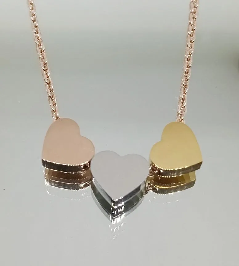 Triple Heart Necklace in Rose Gold Silver and Gold