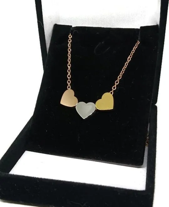 Triple Heart Necklace in Rose Gold Silver and Gold