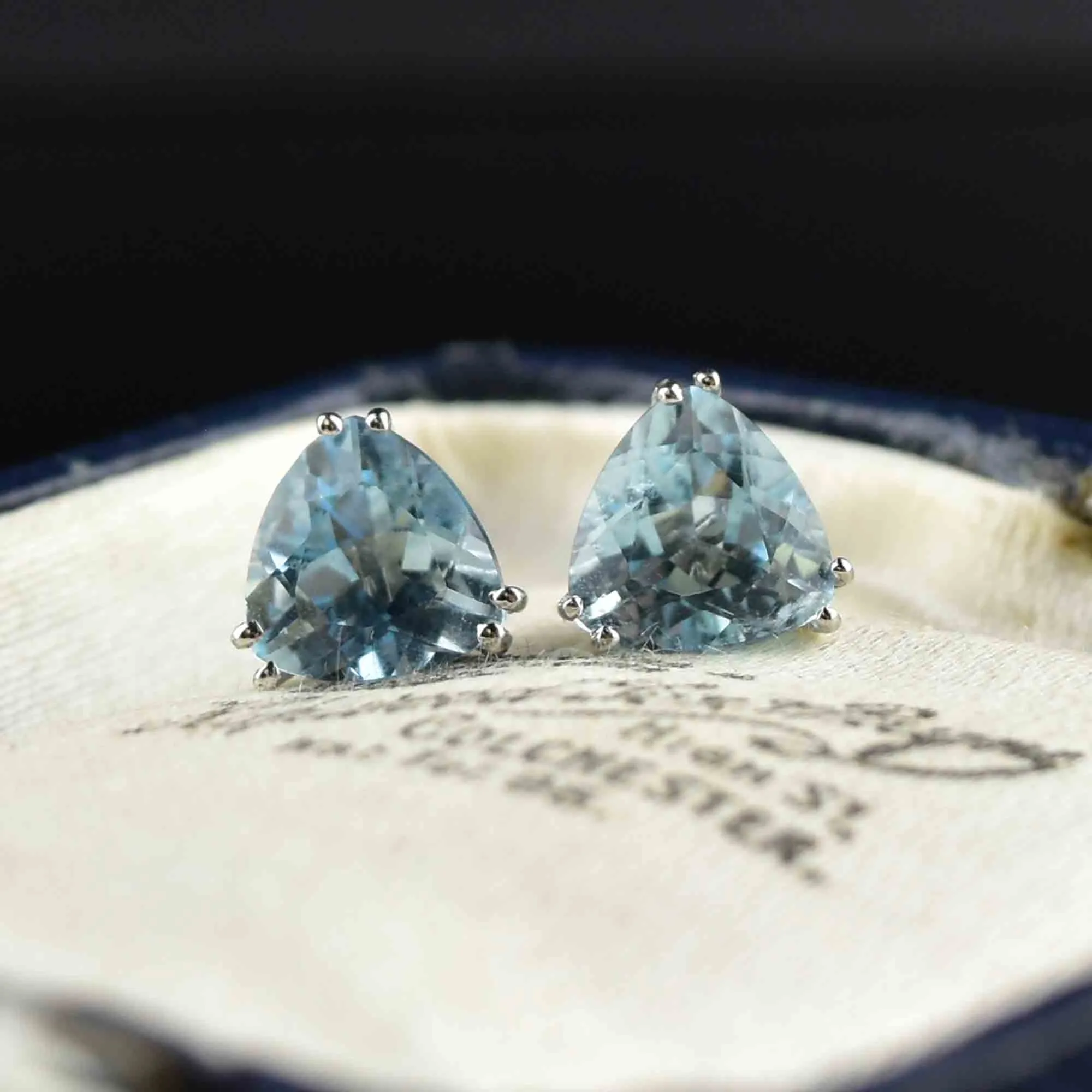 Vintage 14K White Gold Trillion Cut Aquamarine Stud Earrings