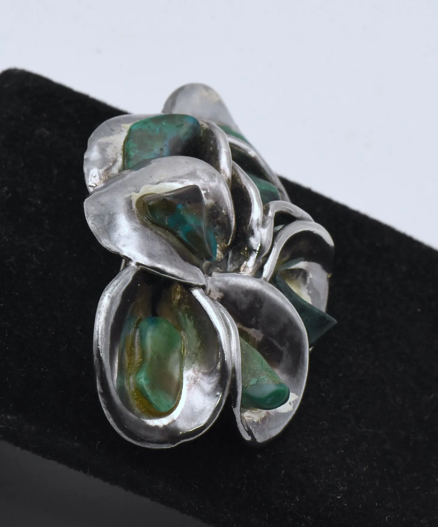 Vintage Hand Crafted Sterling Silver and Chrysocolla Floral Brooch