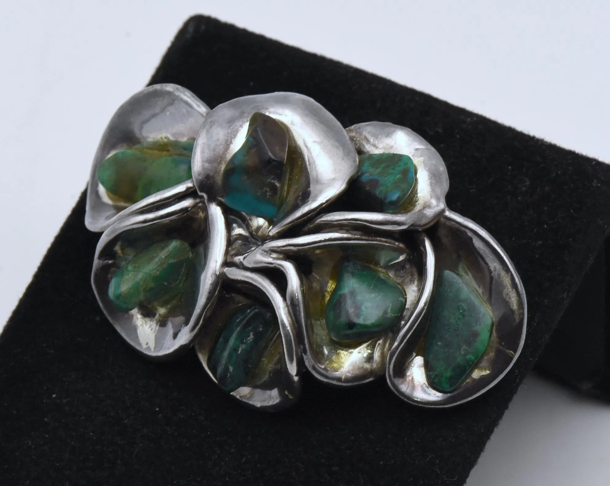 Vintage Hand Crafted Sterling Silver and Chrysocolla Floral Brooch