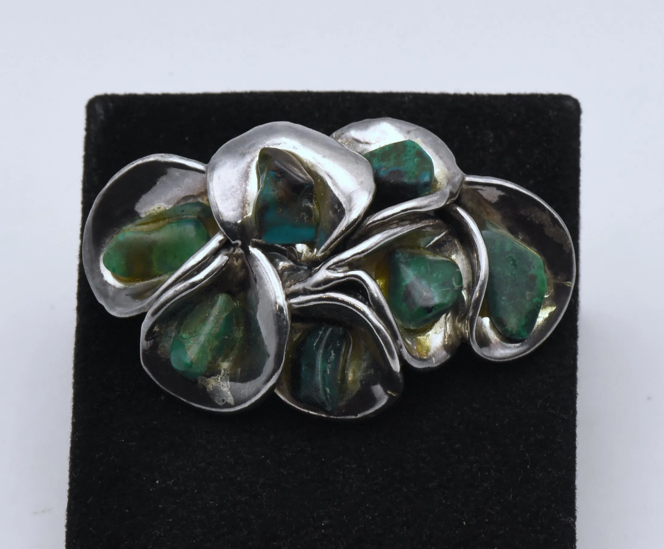 Vintage Hand Crafted Sterling Silver and Chrysocolla Floral Brooch