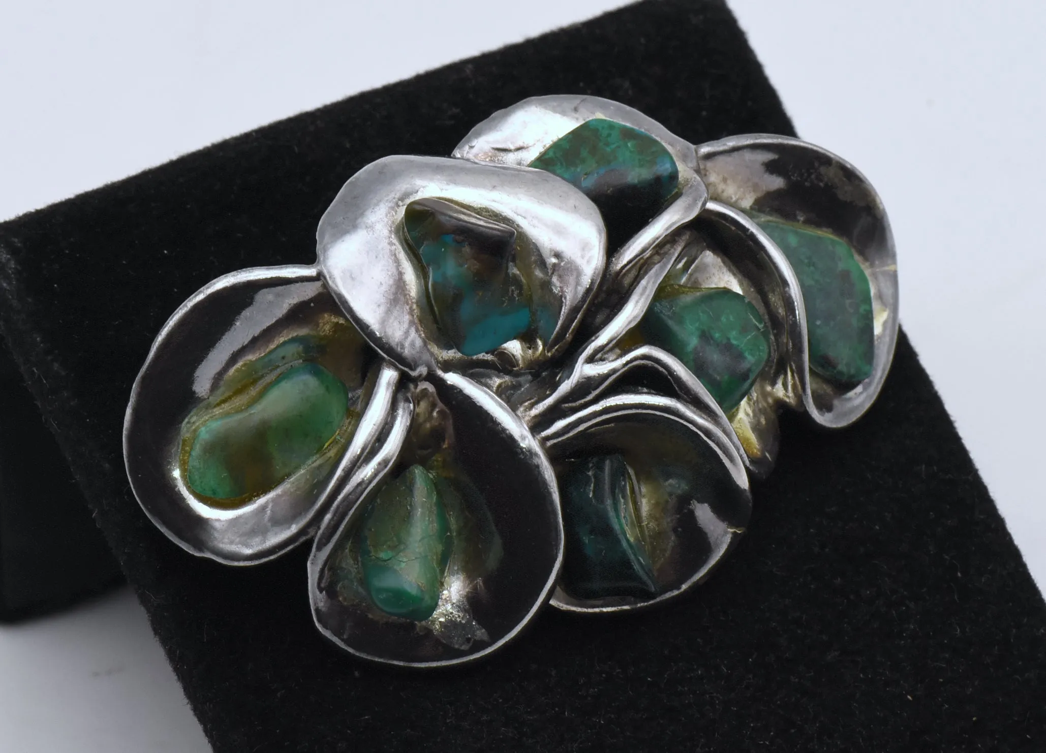 Vintage Hand Crafted Sterling Silver and Chrysocolla Floral Brooch