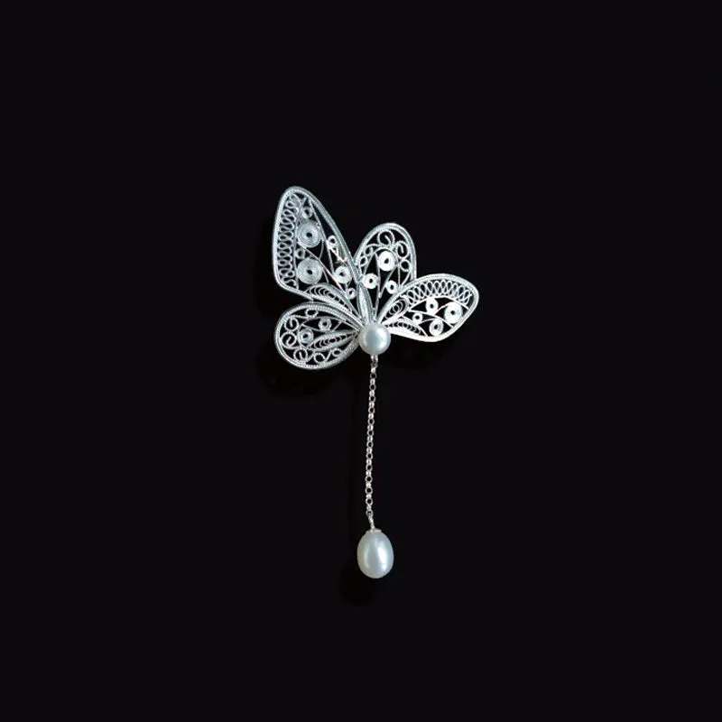 Vintage Plain Silver Filigree Butterfly Brooch/Pendant with Natural Freshwater Pearls