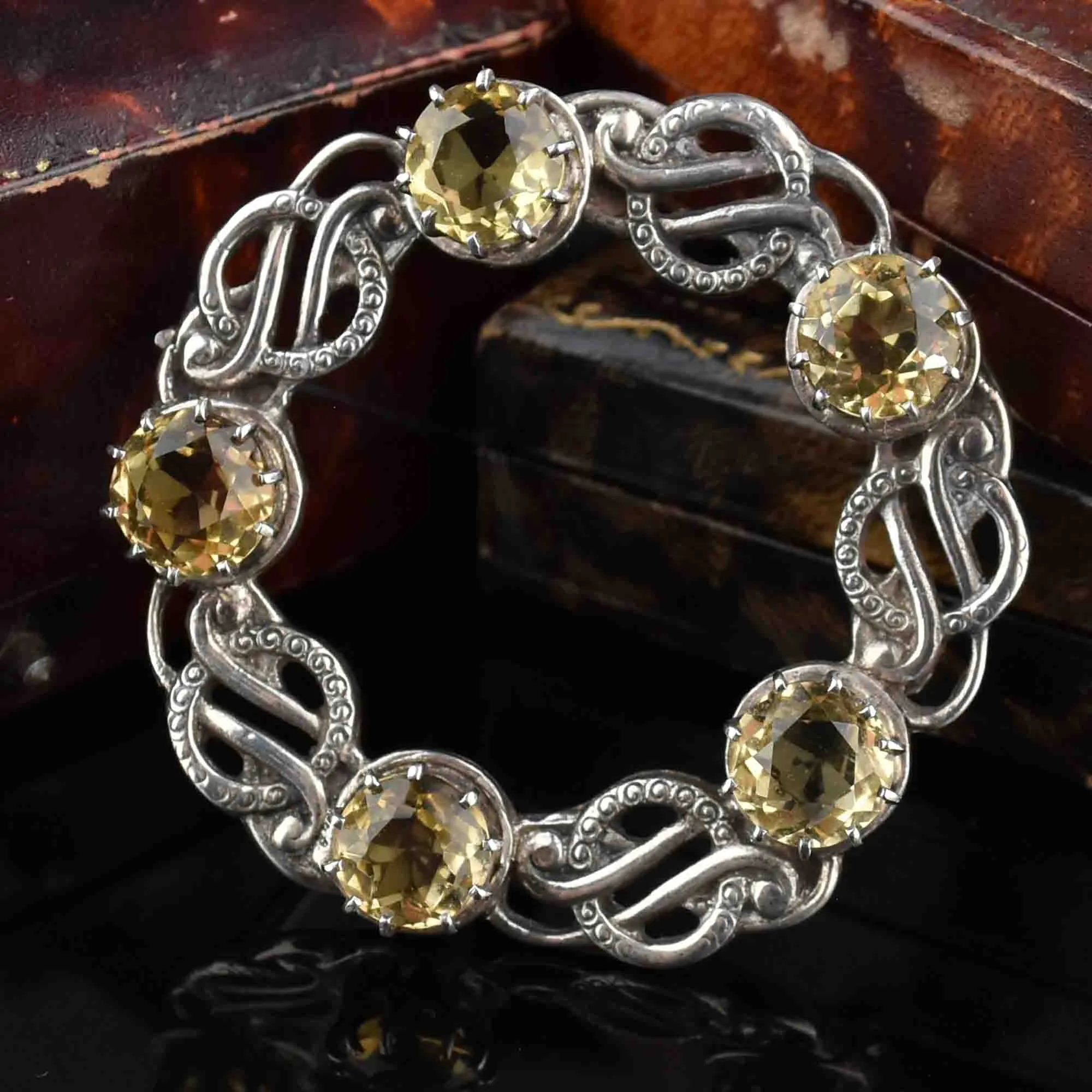 Vintage Scottish Citrine Five Stone Silver Brooch