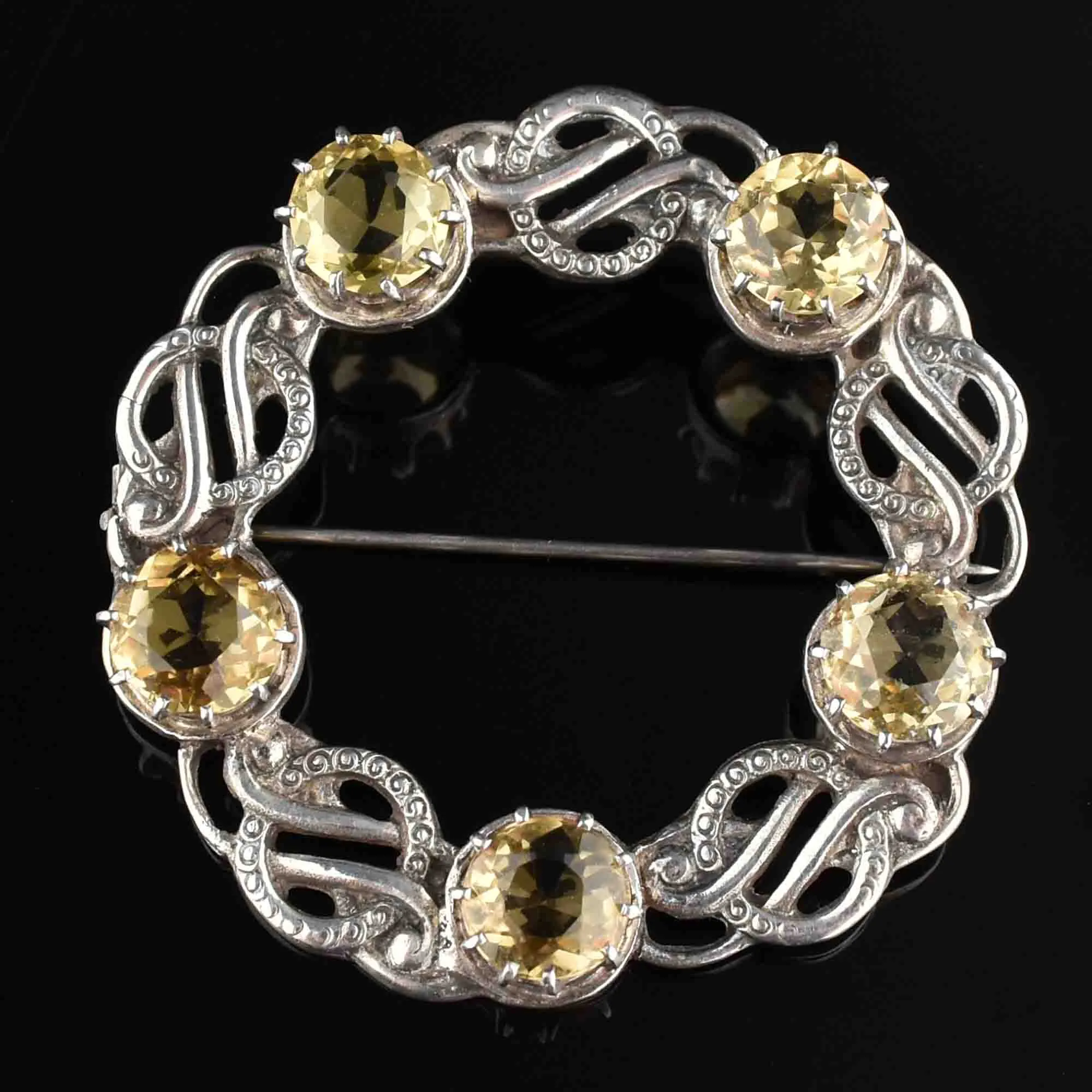 Vintage Scottish Citrine Five Stone Silver Brooch