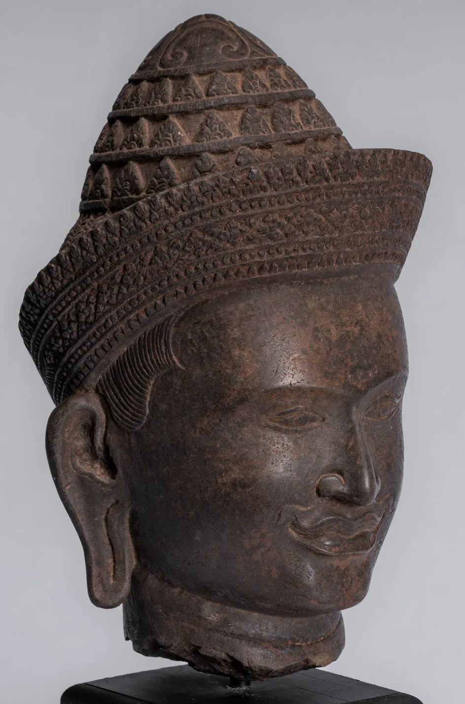 Vishnu Statue - Antique Banteay Srei Style Stone Mounted Khmer Vishnu Head - 35cm / 14"