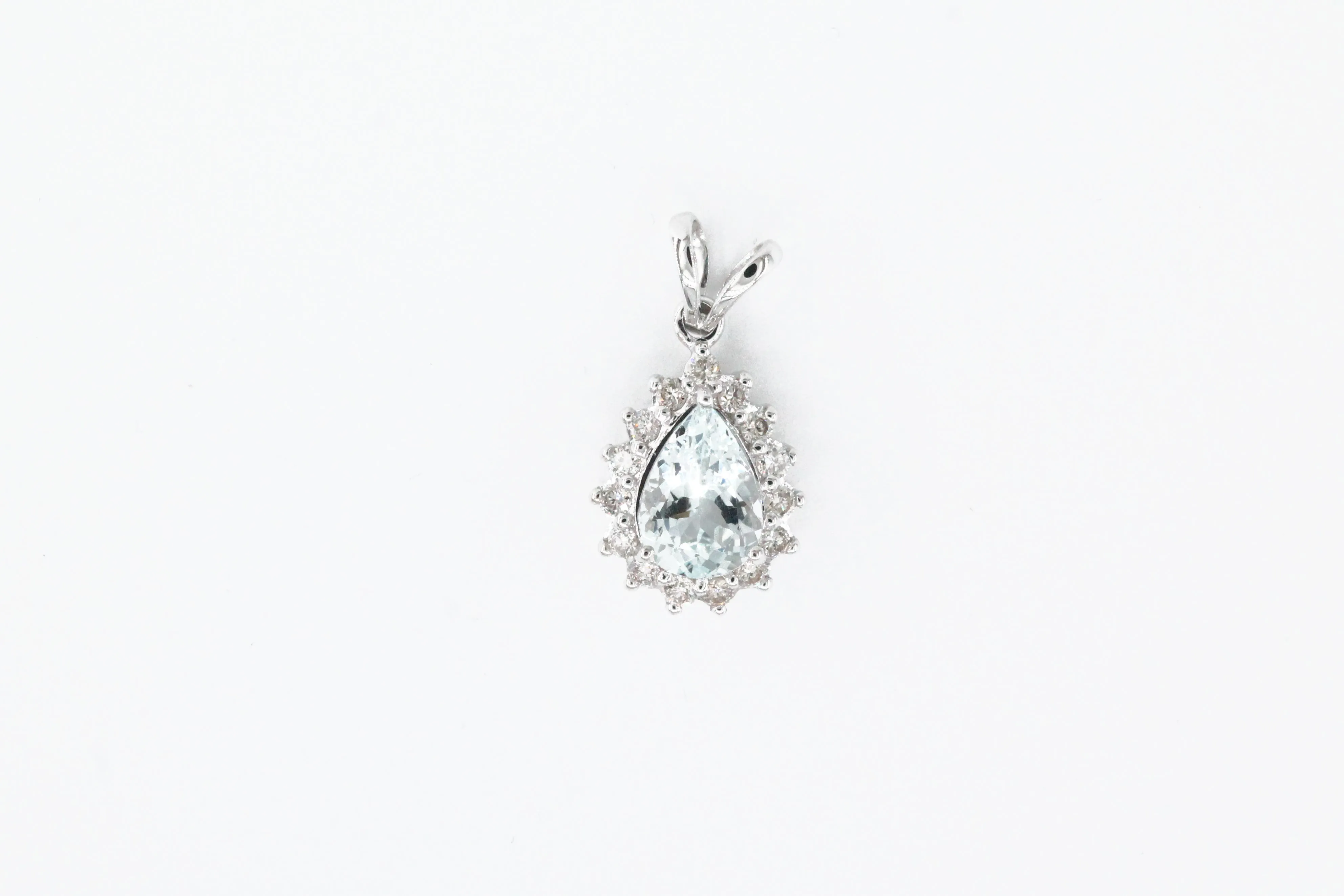 White Gold Pear Shape Aquamarine and Diamond Halo Pendant