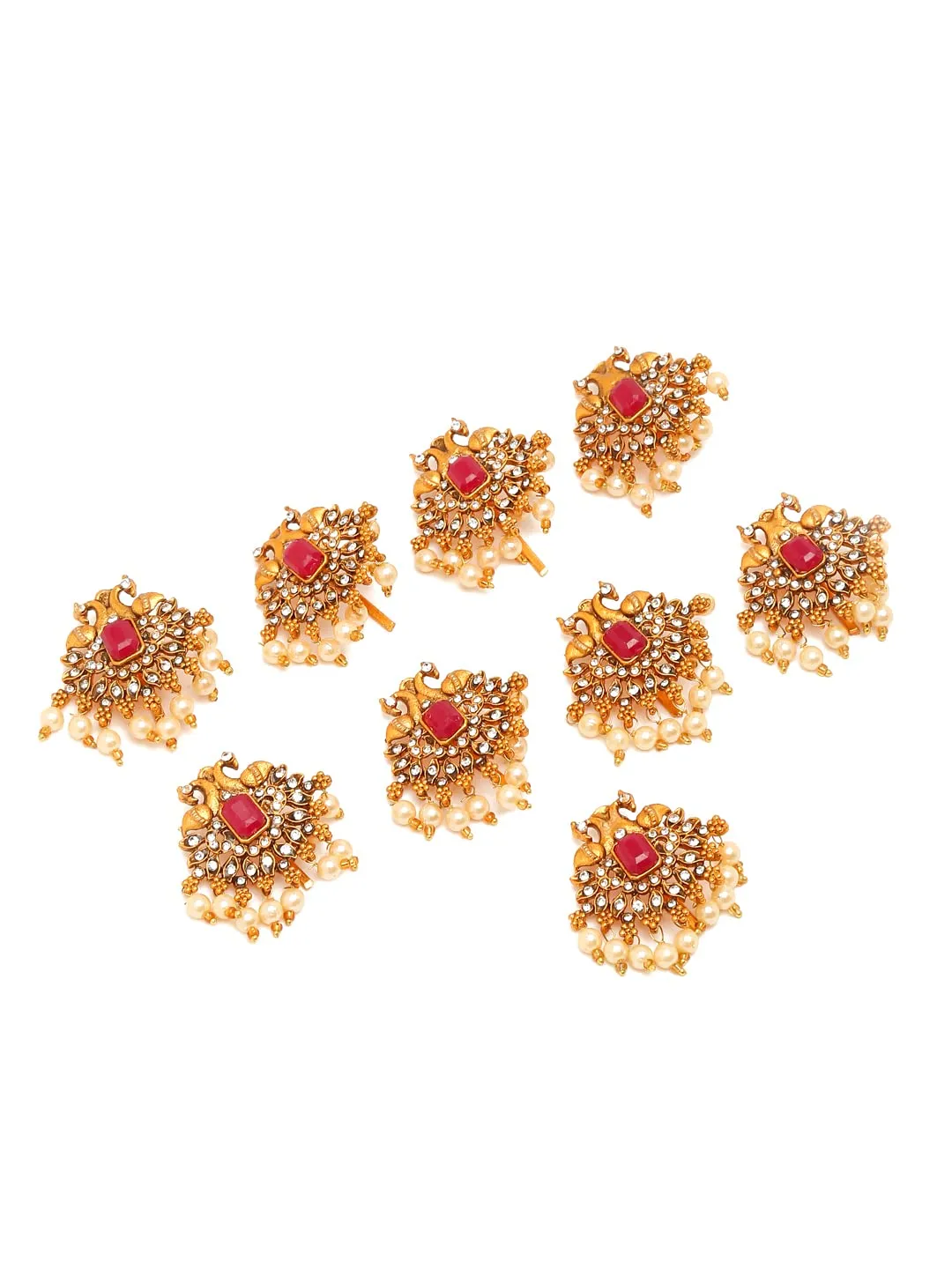 Yellow Chimes Jadai Billai for Women 9 Pcs Gold Plated Red Crystal Studded Beads Drop Choti Jadai Billai Hair Pin Bridal Hair Brooch Hair Jewellery for Women and Girls