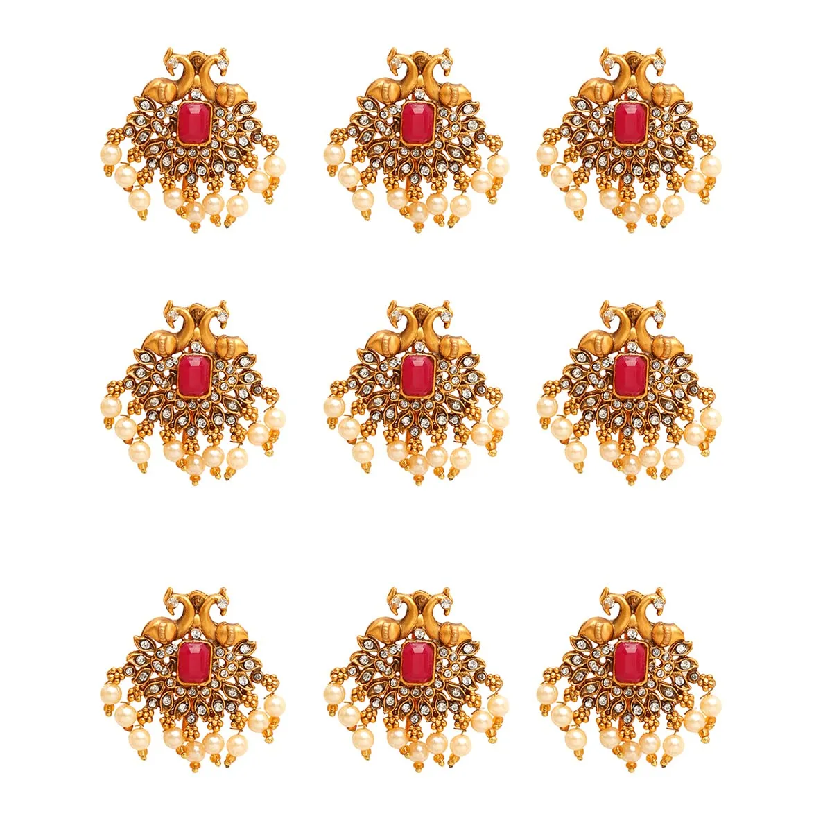 Yellow Chimes Jadai Billai for Women 9 Pcs Gold Plated Red Crystal Studded Beads Drop Choti Jadai Billai Hair Pin Bridal Hair Brooch Hair Jewellery for Women and Girls